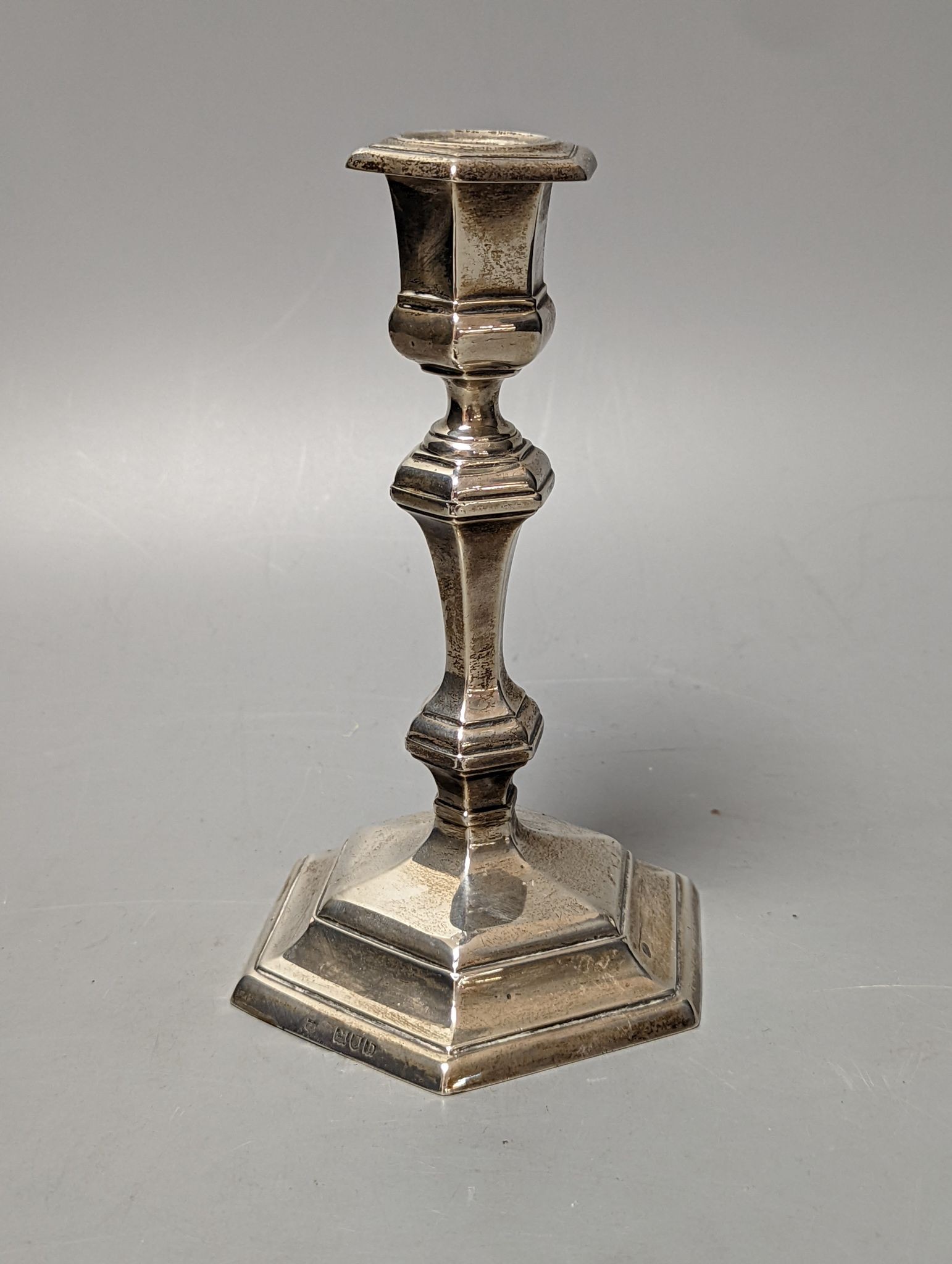 A late Victorian silver hexagonal candlestick, Thomas Bradbury & Sons, London, 1897, 17.3cm, weighted.